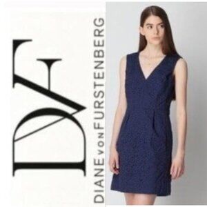 DVF Navy Fumi Burst Lace Mini Dress Sleeveless Cotton Deep Cove Size small